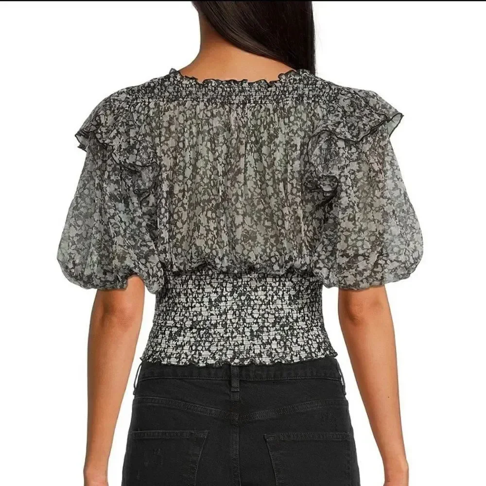 Free People Beatrice Floral Print Cross Tie Neck Smocked Crop Top NWT Size Large